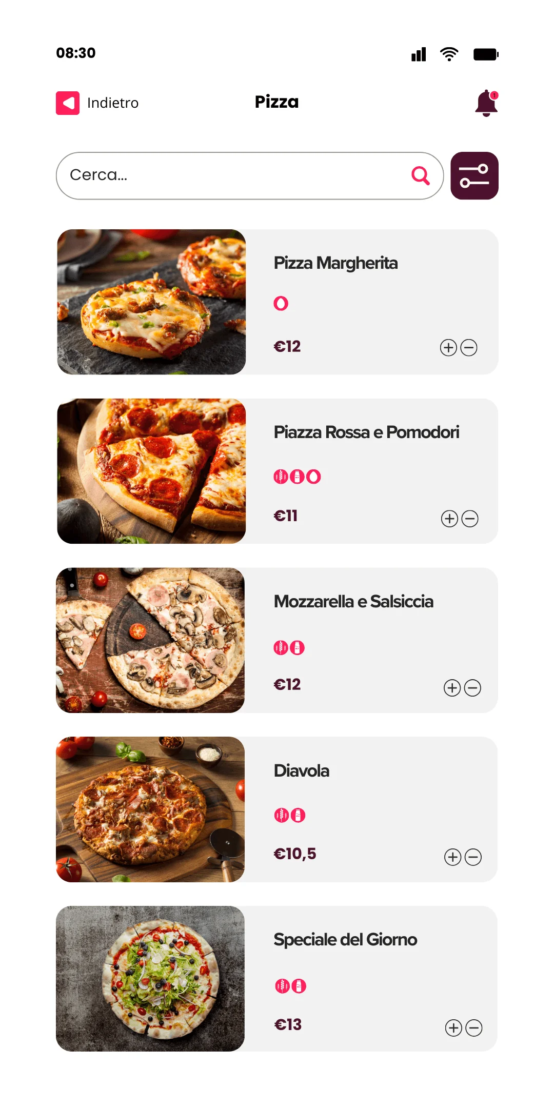 Il menù delle pizze nell’app Byup