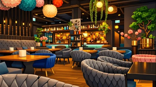 Sala di un ristorante con poltroncine e luci calde
