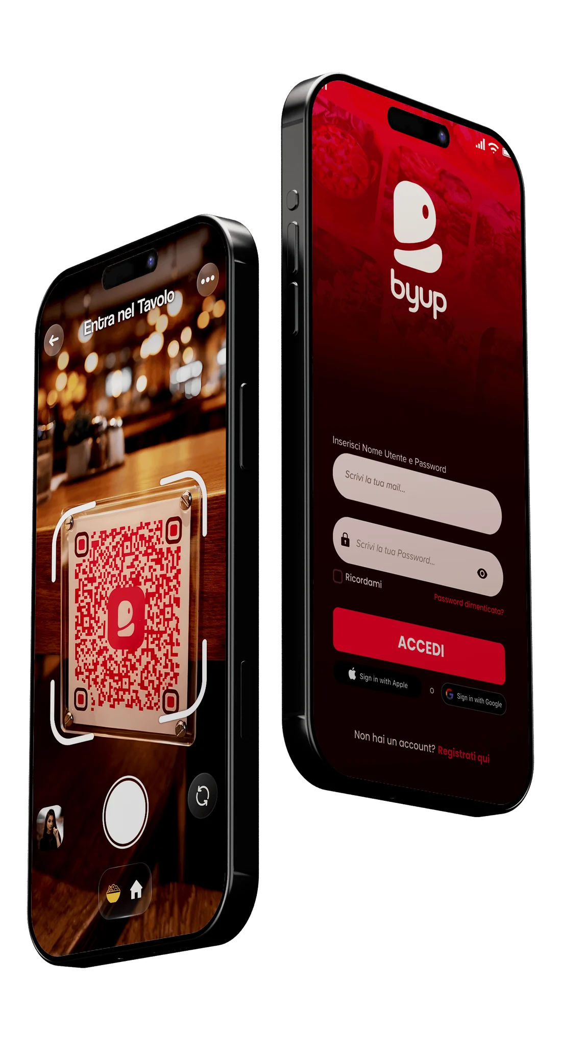 L'app Byup su due iPhone: scansione del QR code al tavolo e schermata di accesso