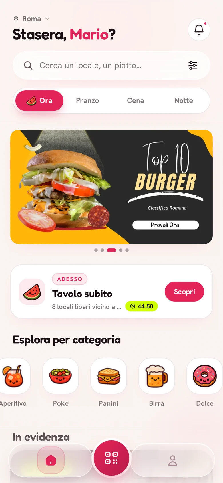 La home dell’app Byup: «Stasera, Mario?», la ricerca di locali e piatti, Tavolo subito e le categorie