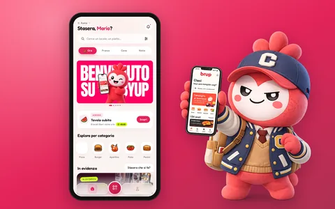 La home dell'app Byup con il banner di benvenuto, accanto a Byuppino con lo smartphone