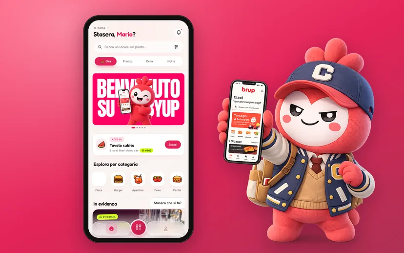 La home dell'app Byup con il banner di benvenuto, accanto a Byuppino con lo smartphone