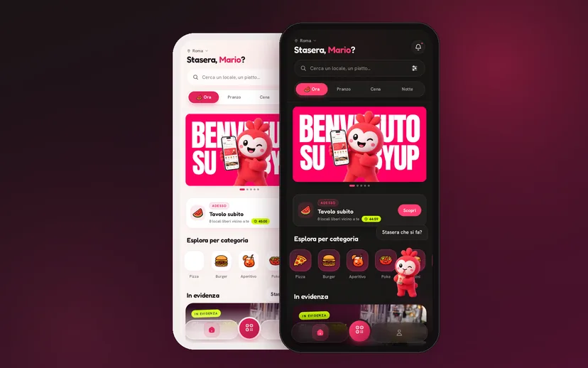 La home dell'app Byup in tema chiaro e in tema scuro, una accanto all'altra