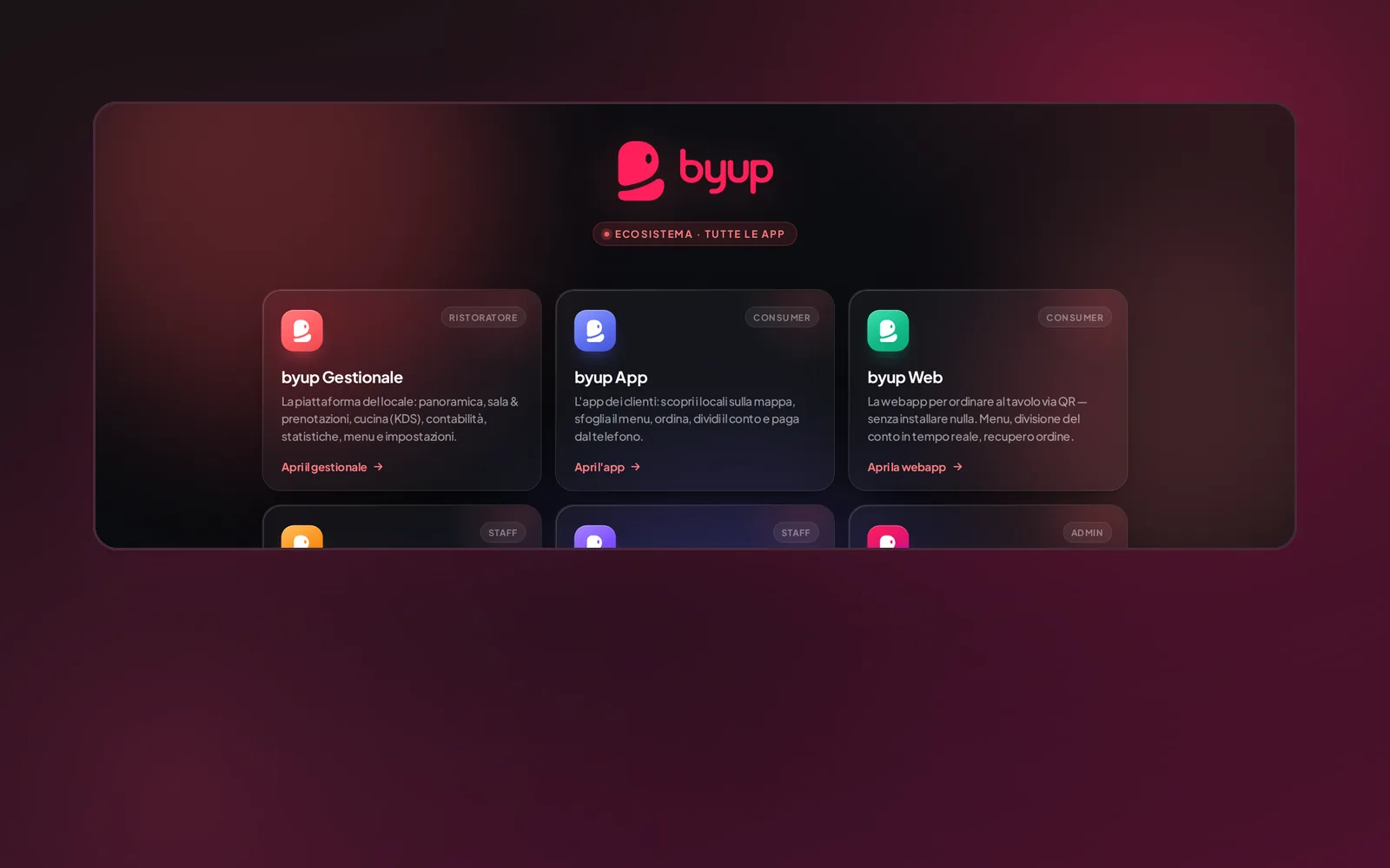 La homepage che raccoglie tutte le app Byup, su fondo scuro