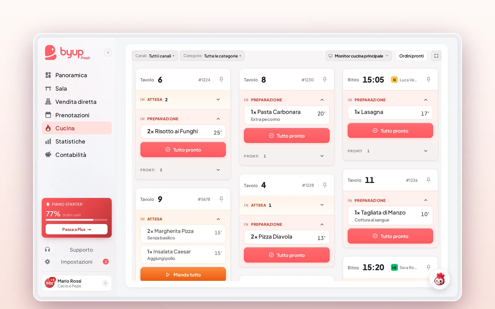 La cucina di Byup Fresh: ticket per tavolo e asporto, con piatti in attesa e in preparazione