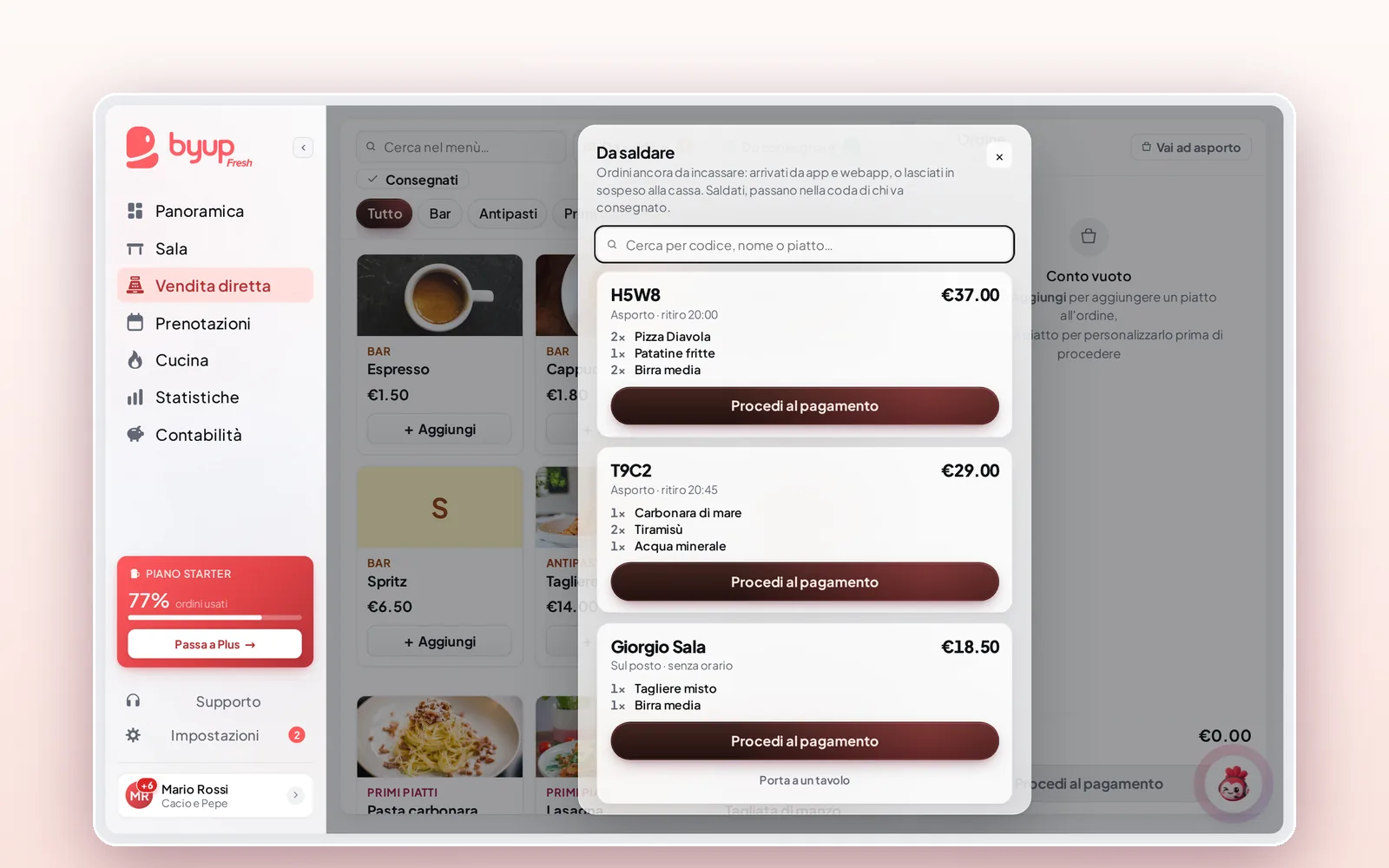 Byup Fresh, Vendita diretta: il pannello Da saldare con i conti sospesi in coda