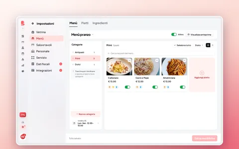 L'editor del Menù di Byup Fresh: categorie, piatti con foto e prezzi, interruttori di visibilità