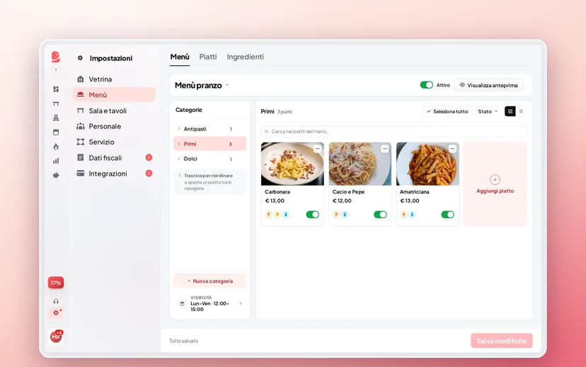 L'editor del Menù di Byup Fresh: categorie, piatti con foto e prezzi, interruttori di visibilità