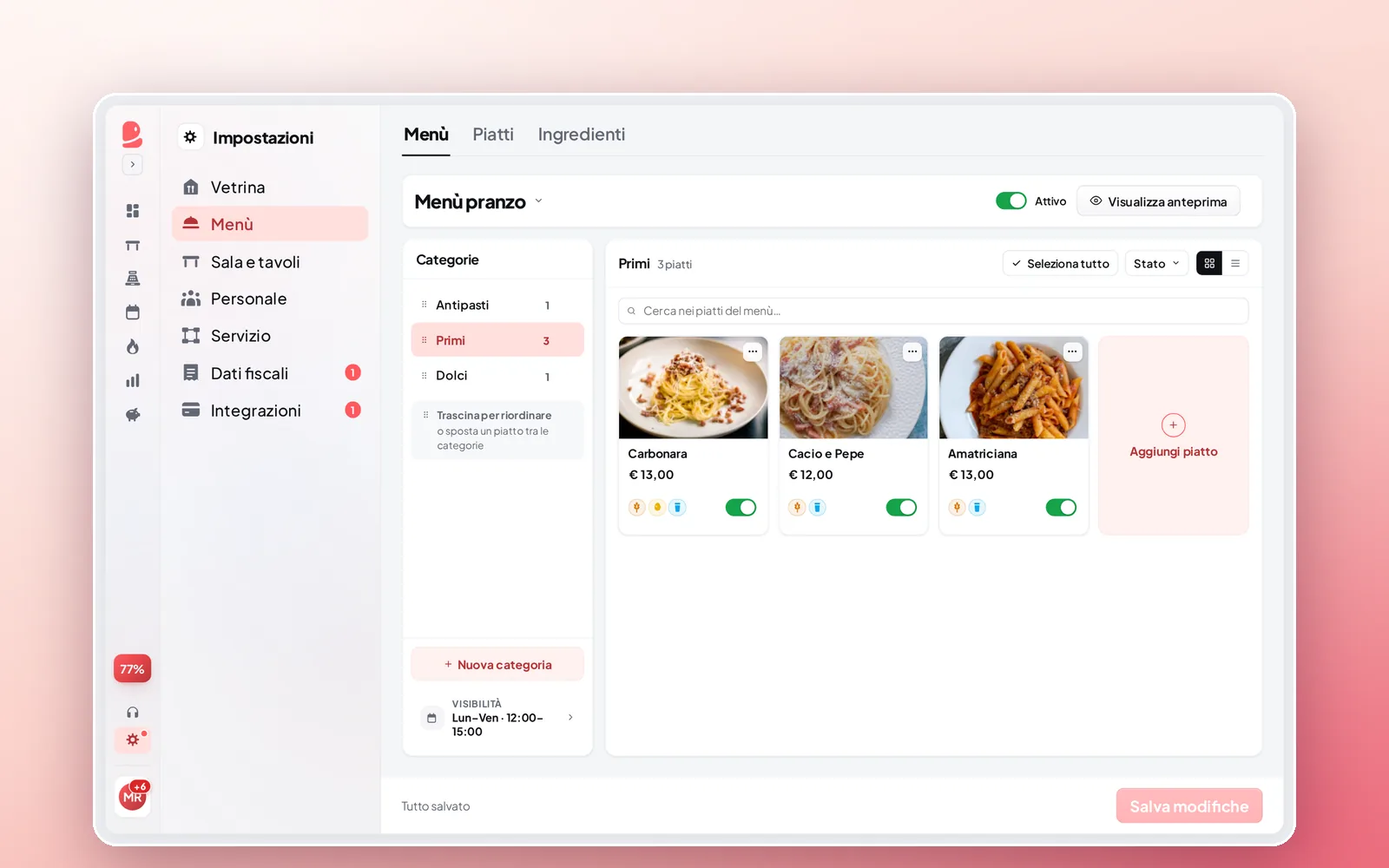 L'editor del Menù di Byup Fresh: categorie, piatti con foto e prezzi, interruttori di visibilità