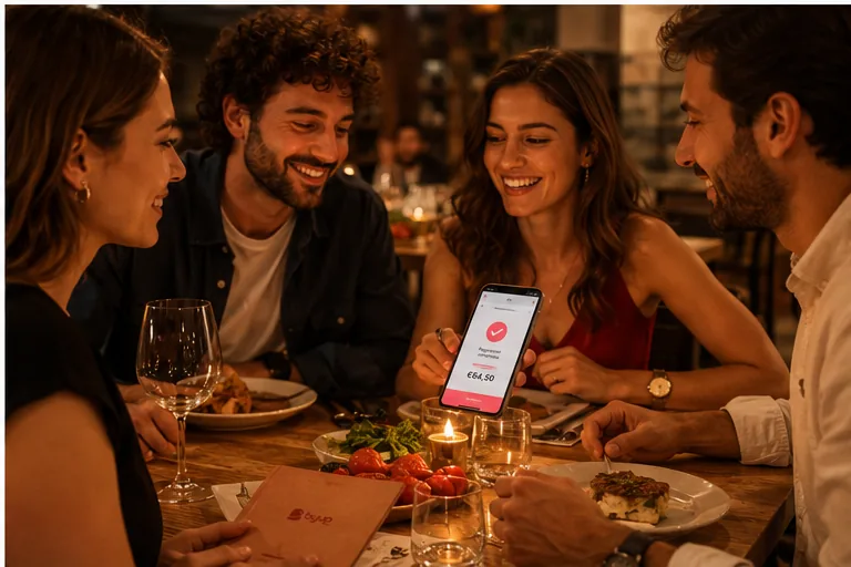 Un gruppo di amici a cena, con il telefono sul tavolo
