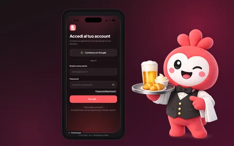 La schermata di accesso dell'app Byup Staff, accanto a Byuppino in versione cameriere