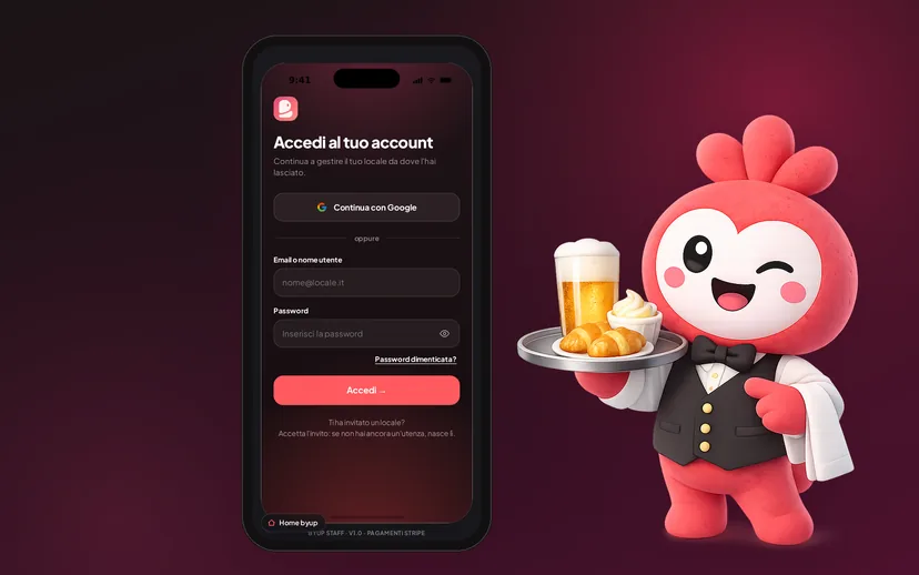 La schermata di accesso dell'app Byup Staff, accanto a Byuppino in versione cameriere