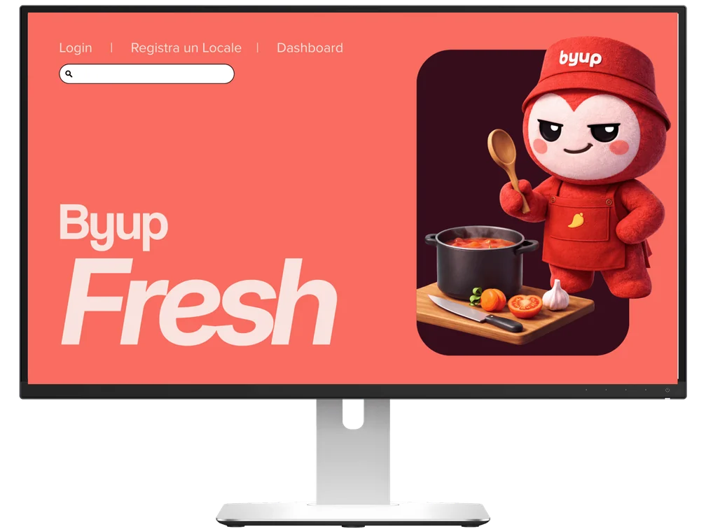 Byup Fresh su un monitor, con Byuppino, la mascotte di Byup