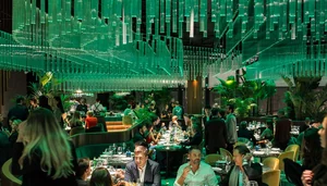Sala di un ristorante con luci verdi e piante